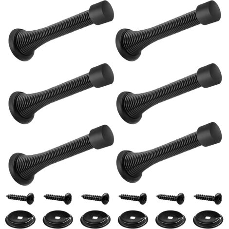 Set of 6 85mm Metal Door Stops with Spring Loaded Door Stopper with Screws and Base Plate (Black) (1/5)