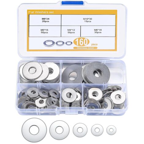 160 Pieces Stainless Steel Flat Washers, Lock Washer Spacers Assortment for Maintenance Industrial Fixed Screw Bolts - M4, M5, M6, M8, M10 (1/5)