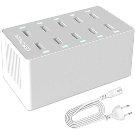 USB Charging Station, 50W 10-Port USB Charger Hub, Multi-Port USB Charger with Smart Detect, Compatible with iPhone, Galaxy, iPad Tablet and Other USB Charging Devices