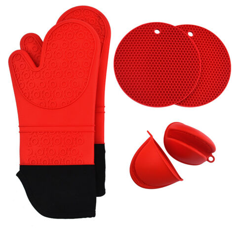 Oven Gloves Heat Resistant Silicone Oven Gloves Extra Long Non-Slip Oven Mitts，With 2 Cup Holders and 2 Finger Clips (Red, 1 Pair)