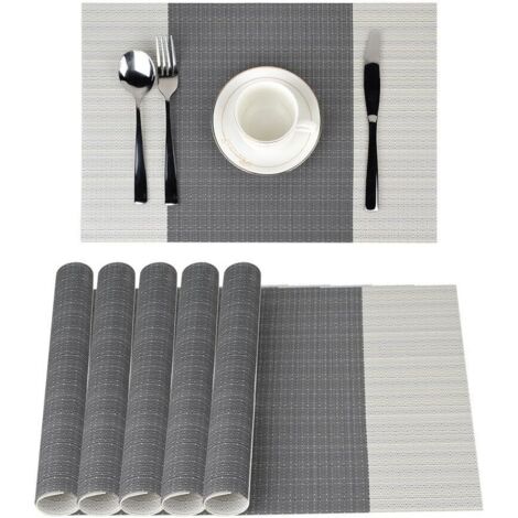 6 Pack Non-Slip PVC Placemats, Washable Placemats (45 x 30 cm), Placemats for Kitchen, Living Room, Garden or Dining Room (Gray Striped) (1/5)