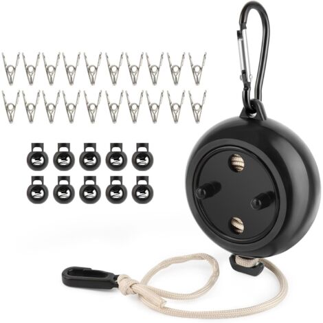 CCYKXA Retractable Clothesline, Portable Clothesline, 10M Retractable Clothesline with 10 Fixed Buckles and 20 Windproof Clips, for Indoor Outdoor Camping Travel Accessories (Black) (1/5)