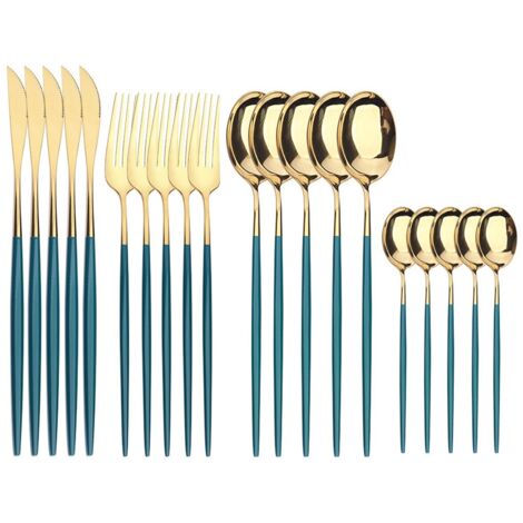 Set 20 Cutlery, Stainless Steel, Matte Finish, Main Dinner Knife6, Main Dinner Fork6, Main Dinner Table6, Tea Coffee Spoon6, Premium Gift Box, Green/Gold