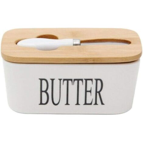Porcelain Butter Dish with Knife and Wooden Lid for 250 g White 16.5 x 10 x 7.5 cm