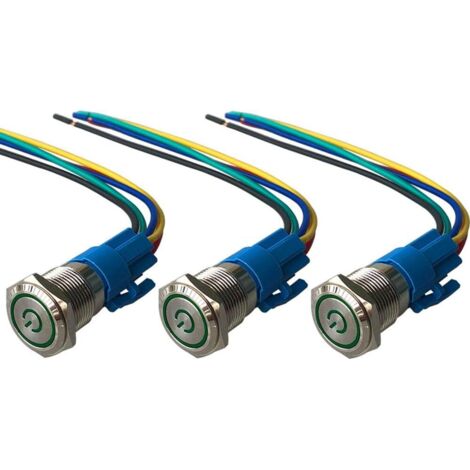 3Pcs Premium 12V/24V 5A Self-Locking Push Button Switch, 19mm Push Button Switch, Green LED IP67 Waterproof Switch with Power Outlet Wire (1/5)