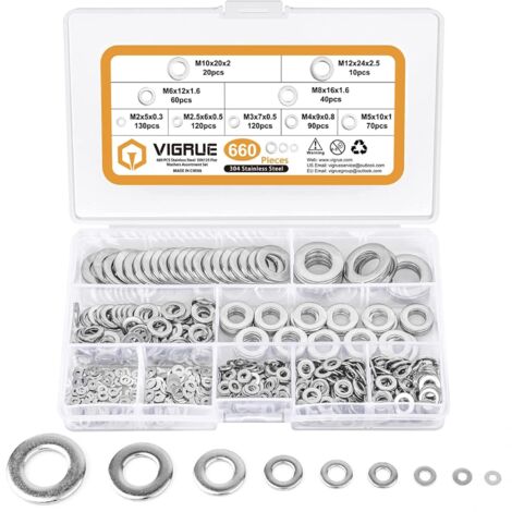 660 Pieces Flat Washers, Washers 9 Sizes M2 M2.5 M3 M4 M5 M6 M8 M10 M12 Stainless Steel Flat Washers and Lock Washers Washer Assortment (1/5)