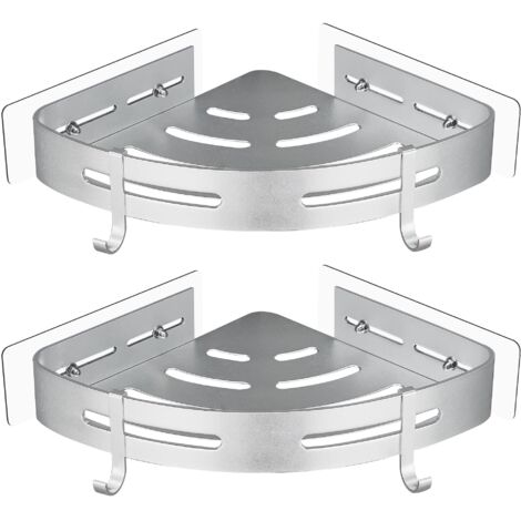 No Drilling Metal Corner Shower Caddy with 2 Shower Hooks Rustproof Self Adhesive Holder for Bathroom Items 2 Pieces (Silver) (1/5)