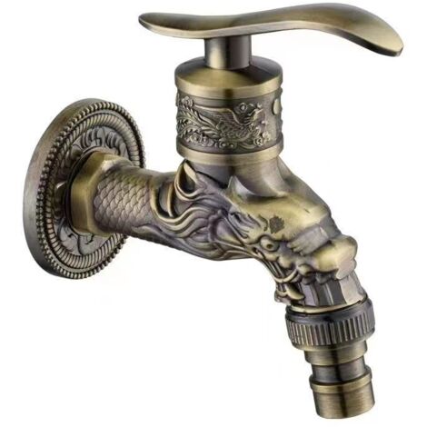 Retro Brass Wall Mounted Faucet, G1/2" Outdoor Garden Faucet, Antique Brass Mounted Faucet, Vintage Wall Mounted Faucet, Antique Copper Dragon Carved Faucet (1/5)