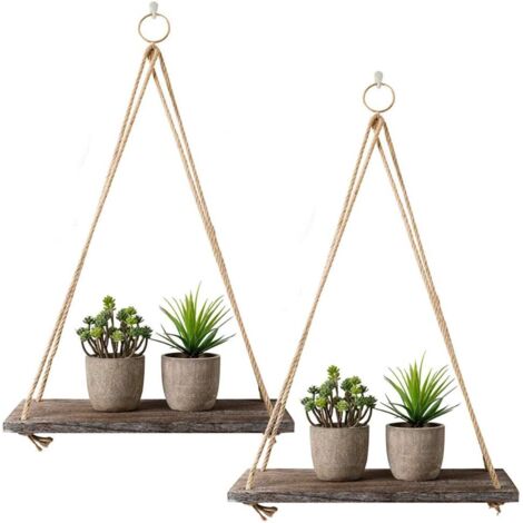 Set of 2 Rustic Distressed Wood Hanging Shelves with Rope and Hooks (1/5)