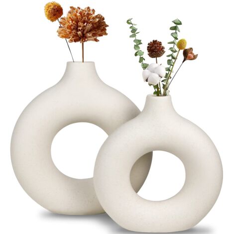 White Ceramic Vase, Modern Vase for Minimalist Decor, Matte Hollow Round Pampas Flower Vases for Bohemian Home Wedding Party Dinner Room Shelf Decoration (2Pcs)