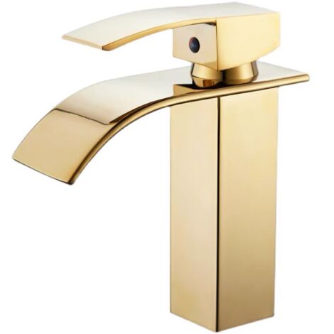 Robinet de lavabo, Robinet de salle de Bain monotrou moderne avec bec cascade, couleur dorée (1/5)