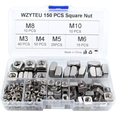 150 pcs Square Nut, 304 Stainless Steel Square Nut Kit for Home Industrial and Construction Fasteners (M3 M4 M5 M6 M8 M10)