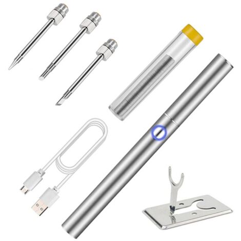 Letcon Portable Soldering Iron Gun Set, USB Charging, Cordless, Built-in Battery, Soldering Electronic Components, with 3 Welding Heads, Metal Stand, Adjustable Temperature, 60 Seconds Protection, Sil