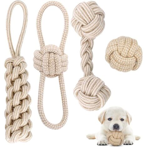 Rope and Ball Dog Toy, 4 Pieces Indestructible Dog Toy Set for Puppies/Small/Medium Dogs, Beneficial for Dog's Dental Health- Natural Cotton, White (1/5)
