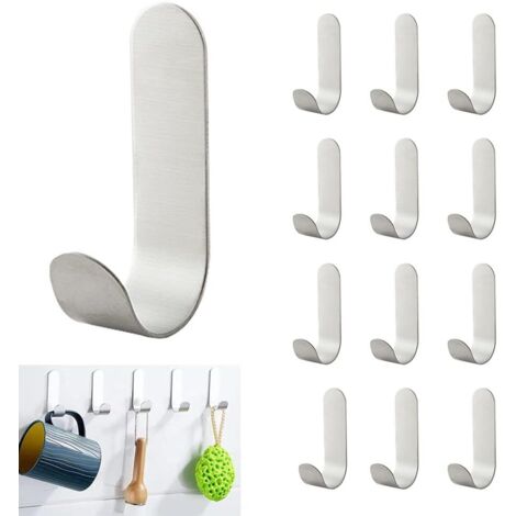 Adhesive Wall Hook 12 Pack, Bathroom Towel Hooks Made of Stainless Steel, No Drilling Adhesive Hooks, Waterproof Self-Adhesive Towel Holder for Bathroom, Kitchen, Living Room and Office (1/5)