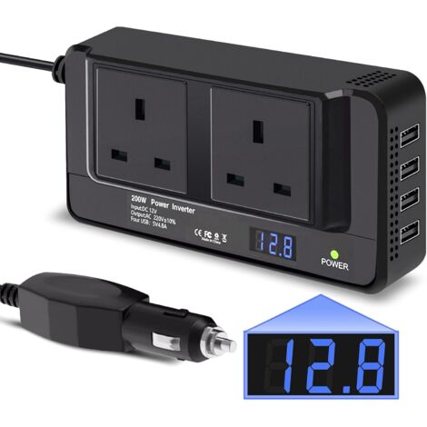 200W Car Power Inverter, DC 12V to AC 230V, 2 Sockets, 4 USB Ports (2x QC3.0), Black, Car Lighter Plug, Ideal for Truck, RV, Camping, 1 Pack (1/5)