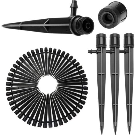 50 Pieces Adjustable Irrigation Dripper, 360 Degree Micro Drip Sprinkler with Barbed Connector & Support Stake for 4/7 mm Tube, Irrigation Dripper Insertion, Black (1/5)