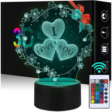 3D Heart Shaped Night Light, I LOVE YOU 16 Colors 3D Illusion Lamp, Heart Shapes Night Lights, Romantic Changing Lamp with Remote Control (Love Lamp) (1/5)