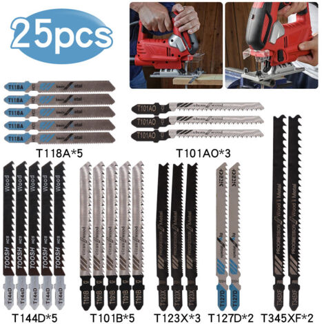 25 Pcs Jigsaw Blades T118A / T144D / T101B / T123X / T101AO / T127D / T345XF for Cutting Metal / Wood / Plastic - For Bosch, Black & Decker, Makita, Dewalt - Versailles (25 Pcs) (1/5)
