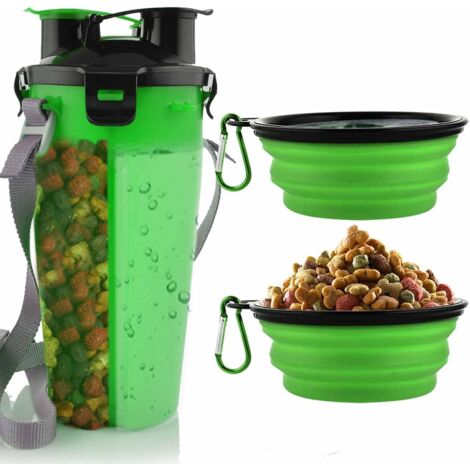 Dog Water Bottle with 2 Collapsible Bowls Portable 2 in 1 Water Bottle and Food for Dogs Cat Pets, Travel Bottle for Walking, Exercising, Hiking, Camping (Green) (1/5)