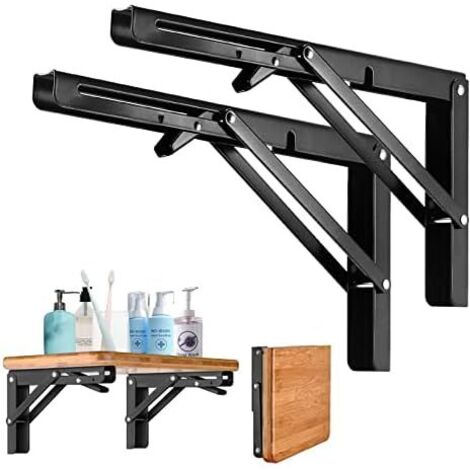 Folding Shelf Bracket 200MM, 2Pcs Cold Rolled Steel Folding Console Bracket, Folding Wall Shelf Bracket with Fixing Screws for Garage, Kitchen, Garden, Black (1/5)