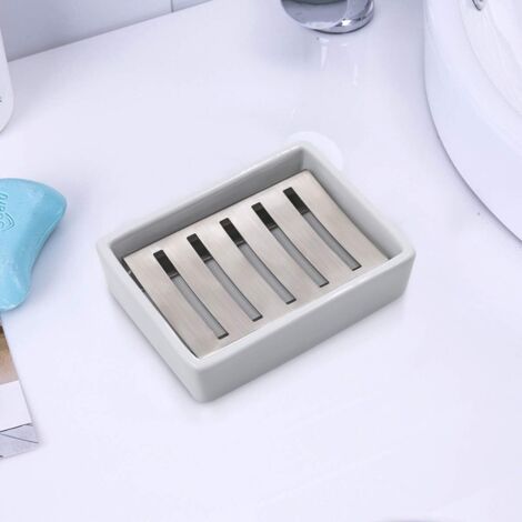 Ulable SUS304 Stainless Steel Ceramic Soap Dish for Bathroom, Double Layer, Self-Draining Soap Dish, Say No to Fluffy Soap, Easy Cleaning (White) (1/5)