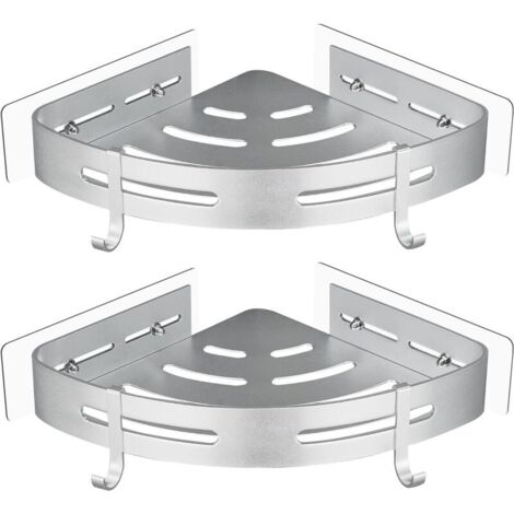 No Drilling Corner Shower Shelf Aerospace Aluminum with 2 Shower Hooks Rustproof Self Adhesive Holder for Bathroom Items 2 Pieces (Silver) (1/5)