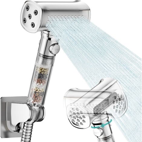 High pressure shower head with filter, 4 types of jet and pause function, shower filter against lime and chlorine, water saver, anti-lime filter with 1.5 m pipe and (1/5)