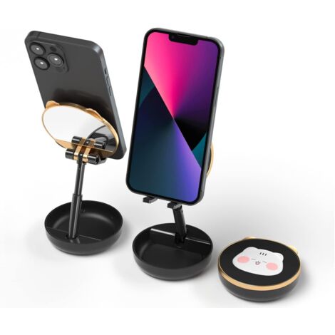 Phone Holder with Mirror, Retractable and Adjustable Phone Desk Holder, Multi-Angle/Height-Adjustable and Stable Mobile Phone Holders Black (1/5)