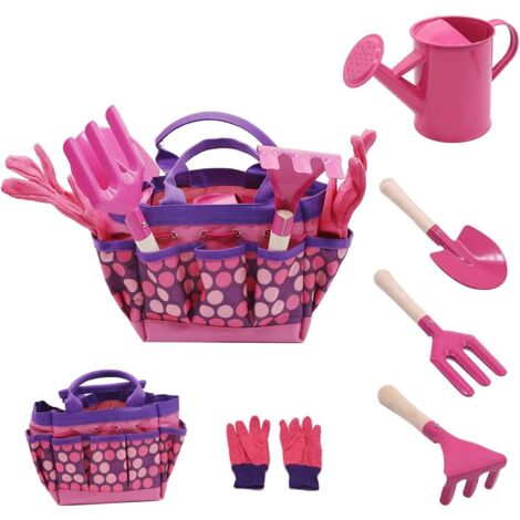 Set Attrezi da Giardinaggio per Bambini, Set Attrezi da Giardino 6 Pezzi per Bambini Con Annaffiatoio, Guanti da Giardinaggio, Pala, Rastrello, Cazzuola (Pink) (1/5)