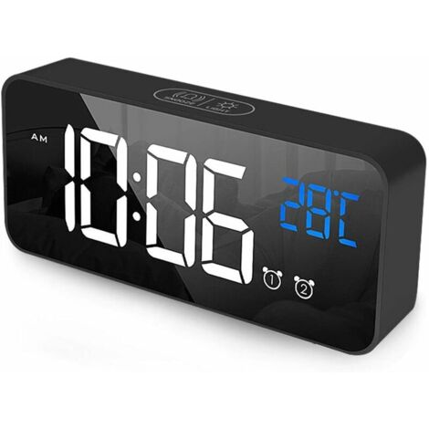 Digital Alarm Clock, LED Mirror Alarm Clock, Desk Alarm Clock, USB Rechargeable Electronic Clock with 2 Alarms / Snooze Function / Temperature / Voice Control / 4 Brightness Levels / 13 Ringtones, Sch (1/5)
