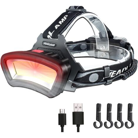 COB LED Headlamp, USB Rechargeable Waterproof Headlight 2000 Lumens, with Red Light, Helmet Work Light, Car Maintenance and Construction, 6-10 Hours Run Time (1/5)