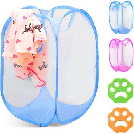 Pack Laundry Hamper with 2 Piece Clothes Hair Remover, Foldable Breathable Mesh Laundry Hamper, Daily Clothes Storage Bag, Toy Storage (Pink, Sky Blue) (1/5)