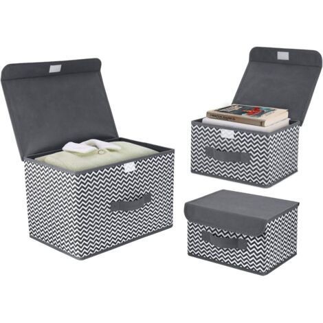 Set of 3 Storage Boxes, Foldable Clothes Storage, Fabric Storage Box with Lids and Handles for Closet, Bedroom, Dark Gray Wavy (1/5)