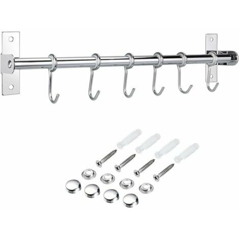Stainless Steel Kitchen Backsplash Bar with 6 Removable Hooks for Hanging Kitchen Utensils - Soup Spoon, Saucepan etc. (1/5)
