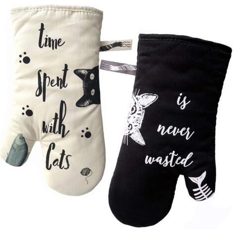 Kitchen Gloves Heat Resistant Oven Gloves Potholder and Glove for Cooking, Barbecue, Baking, Ivory and Black, Cat and Black Cat, Cat Lovers (1/5)