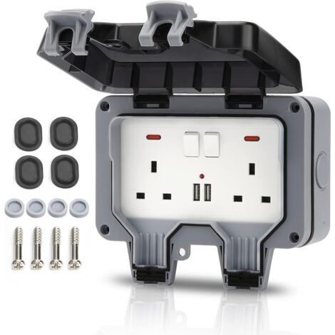 Outdoor Socket IP66 Weatherproof Wall Electrical Outlets 2 Gang Switched with USB Charging Port with Installation Tool (1/5)
