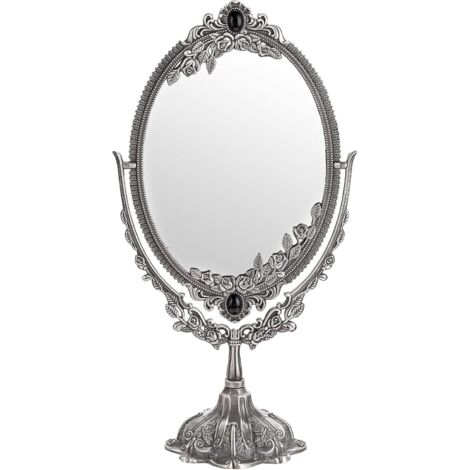 Makeup Mirror Vintage Decorative Mirror Oval and Double-Sided Mirror for Table, Photography, Dressing Room (Large, Silver) (1/5)