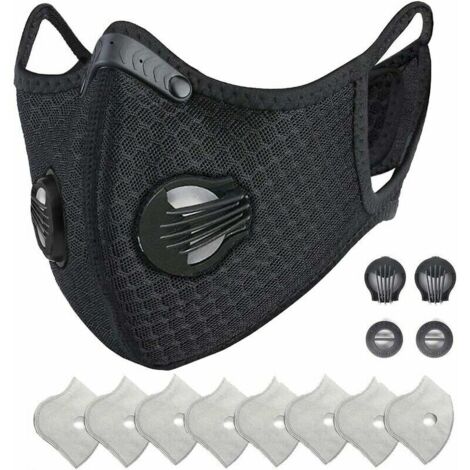Protective Face Mask Reusable Dust Mask, Sports Protector M with Activated Carbon Filter and Valves/ for Motorcycle, Cycling, Running and Outdoor Activities（1 black + 8 fi (1/5)