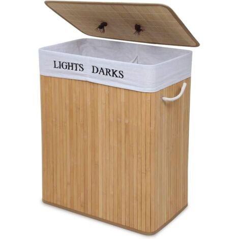 Foldable Laundry Basket 2 Compartments 52 x 32 x 62.5cm Bamboo Laundry Basket 100L Laundry Bin and Removable Bag Washable Natural (1/5)