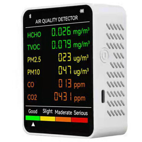 6 in 1 PM2.5 PM10 HCHO TVOC CO CO2 Multifunctional Air Quality Detector CO Carbon Dioxide Formaldehyde LCD Monitor Large Display Screen Portable Home Office Hotel Desk Air Quality Tester (White) (1/5)