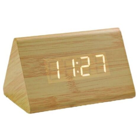 Creative Triangle LED White Light Wooden Digital Clock Temperature and Time -Bamboo Color (1/4)