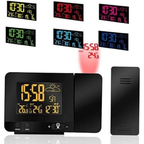 Digital Projection Alarm Clock, Indoor and Outdoor Temperature, Weather Forecast, 12/24H Day Date Display, Snooze Function, USB Charging Port, 8 Backlight Colors (1/5)