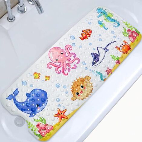 Non-Slip Bath Mat 100x40cm, Anti-Slip Bathtub Mat with 200 Suction Cup PVC Material, Shower Mat with Cartoon Marine Animals for Children and Baby (1/5)
