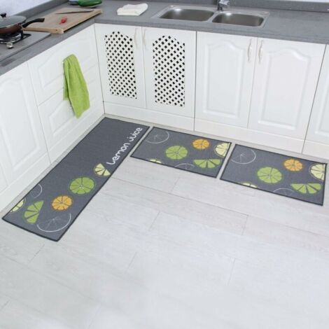 Set of 2 Non-Slip Kitchen Mats with Rubber Backing and Lemon Pattern Floor Mat (Gray 15x47 + 15x23) (1/5)