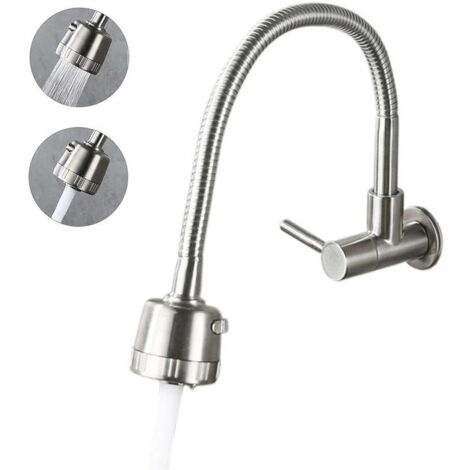 Wall-Mounted Kitchen Faucets 2 Water Modes High Arc Single Handle Bathroom Sink Faucets Stainless Steel Brushed Finished 360 Degree Rotatable Water TapSilver (1/5)
