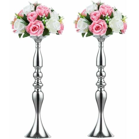 Metal Vase for Wedding Centerpieces Table Decoration-Artificial Flower Arrangement-Pillar Candle Holder Stand Set for Wedding Party Centerpiece Table Home Decor-2 Pcs -Silver (1/5)