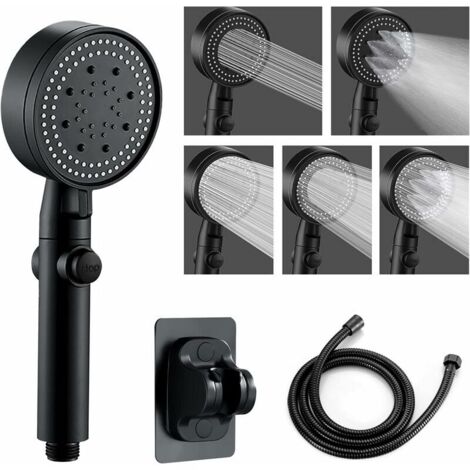 Black Shower Head, 1.5m Shower Hose, 5 Spray Modes, Bathroom Hand Shower (1/5)