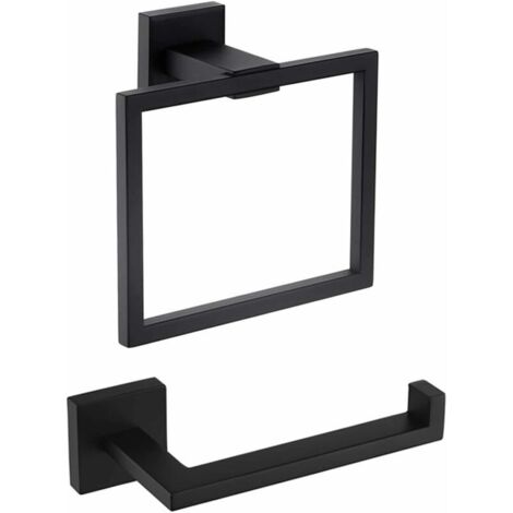 Set of 2 Toilet Paper Holder and Towel Ring Black Bathroom Accessory Set, Square Towel Ring - Black, Paper Towel Holder