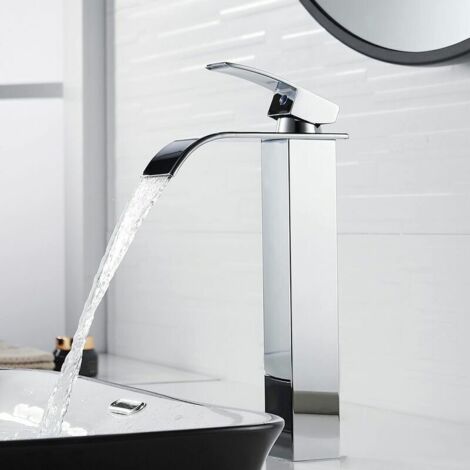 Modern Tall Waterfall Basin Faucet, Elegant Design Bathroom Faucet, Tall Single Handle Brass Basin Mixer Tap, Hot and Cold Water Available (1/5)